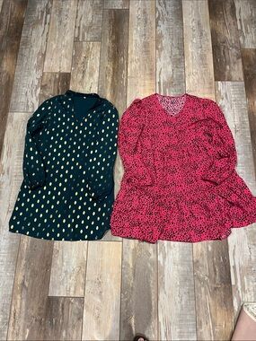 Two Women's Dresses - Emerald Green with Gold Dot & Fuchsia Pink Animal Print